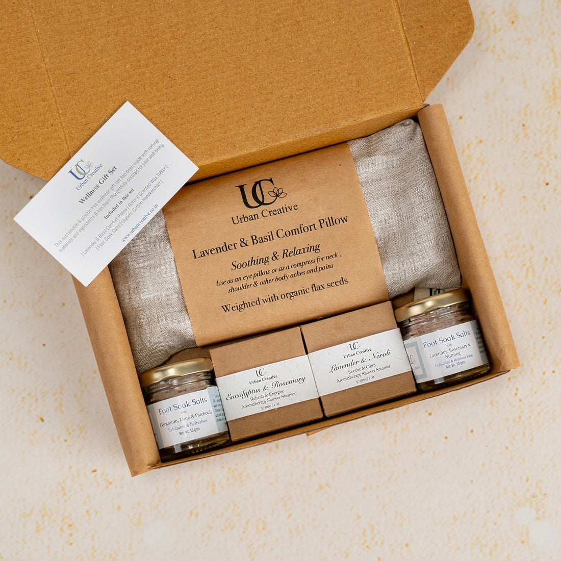 Wellness Gift Set ( 1 Lavender Basil Eye Pillow/ Hot Cold Compress + 2 Foot Soak Salts + 2 Shower Steamers)