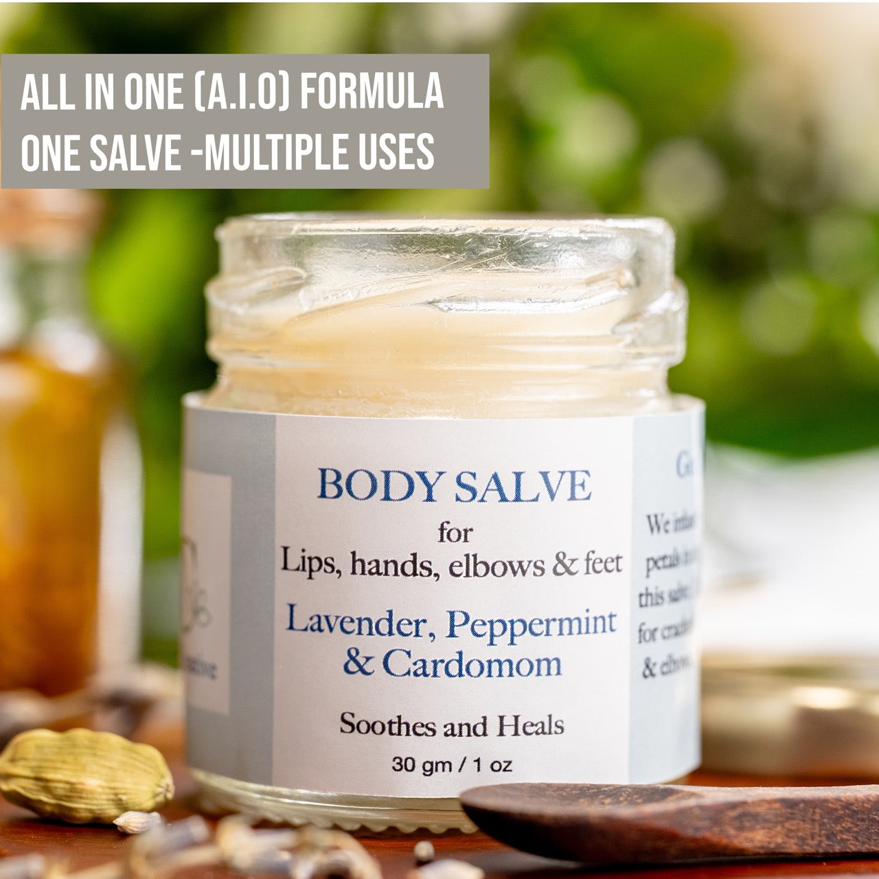 Lavender, Peppermint & Cardamom All In One (A.I.O) Body Salve & Lip Balm with Calendula - Soothes & Heals