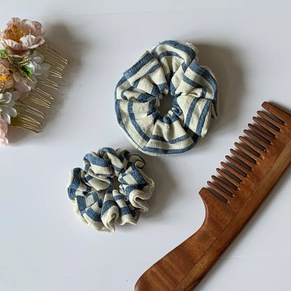 Set of 2 Stripe pattern organic kala cotton hair scrunchies