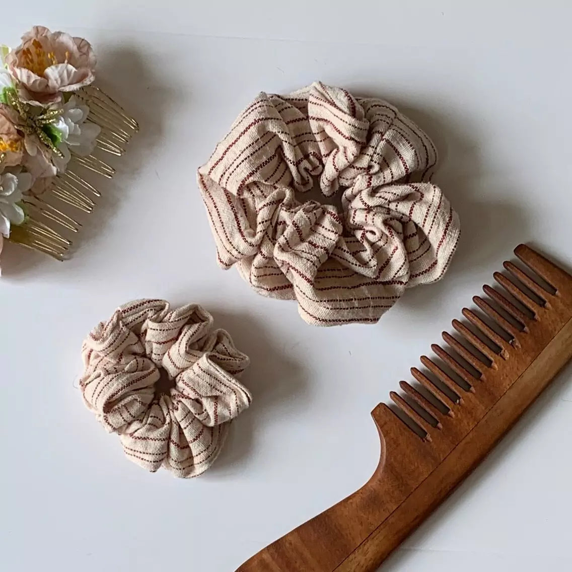 Set of 2 Stripe pattern organic kala cotton hair scrunchies