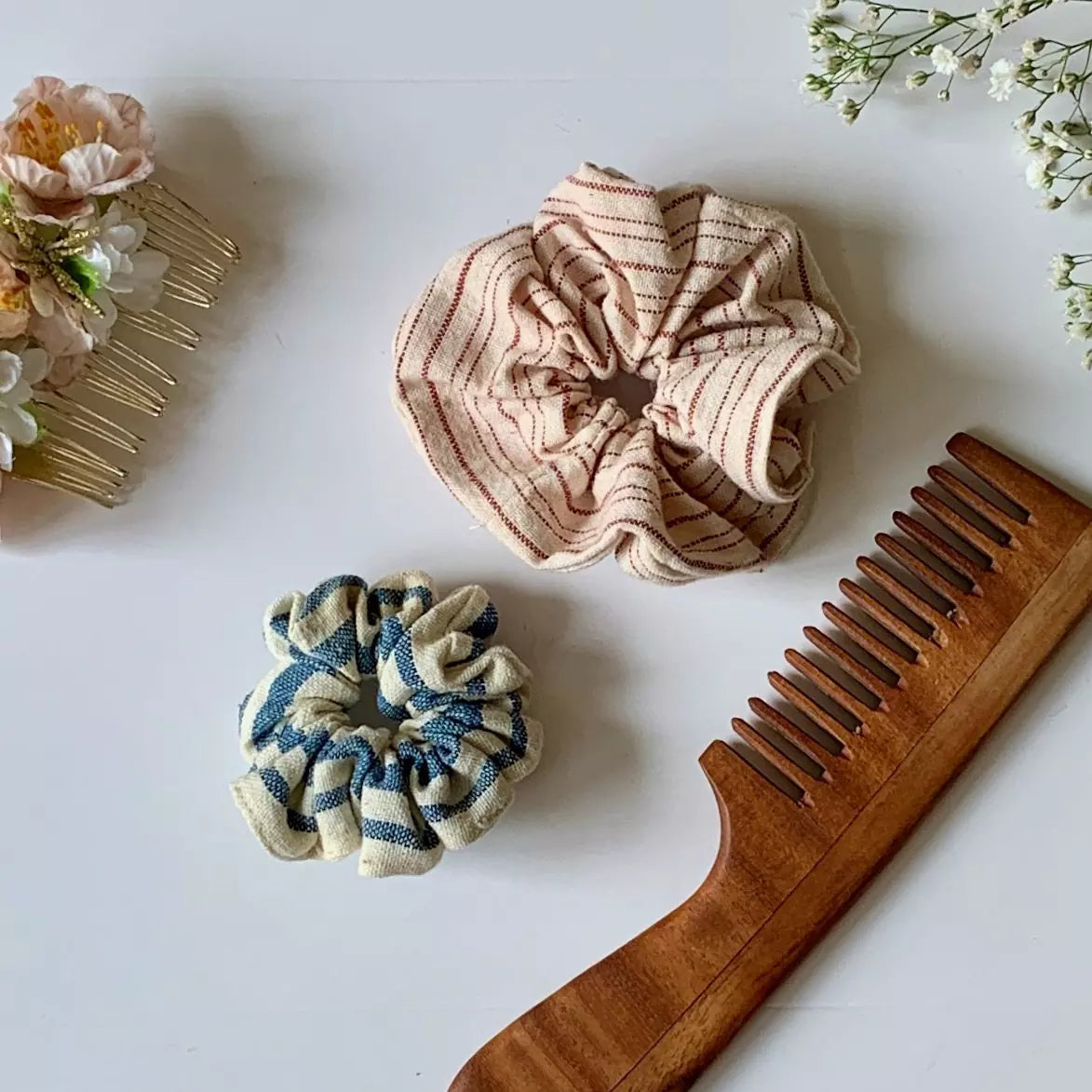 Set of 2 Stripe pattern organic kala cotton hair scrunchies