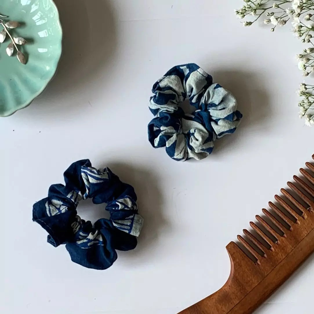 Set of 2 Hand block printed hair scrunchies in 100 % cotton