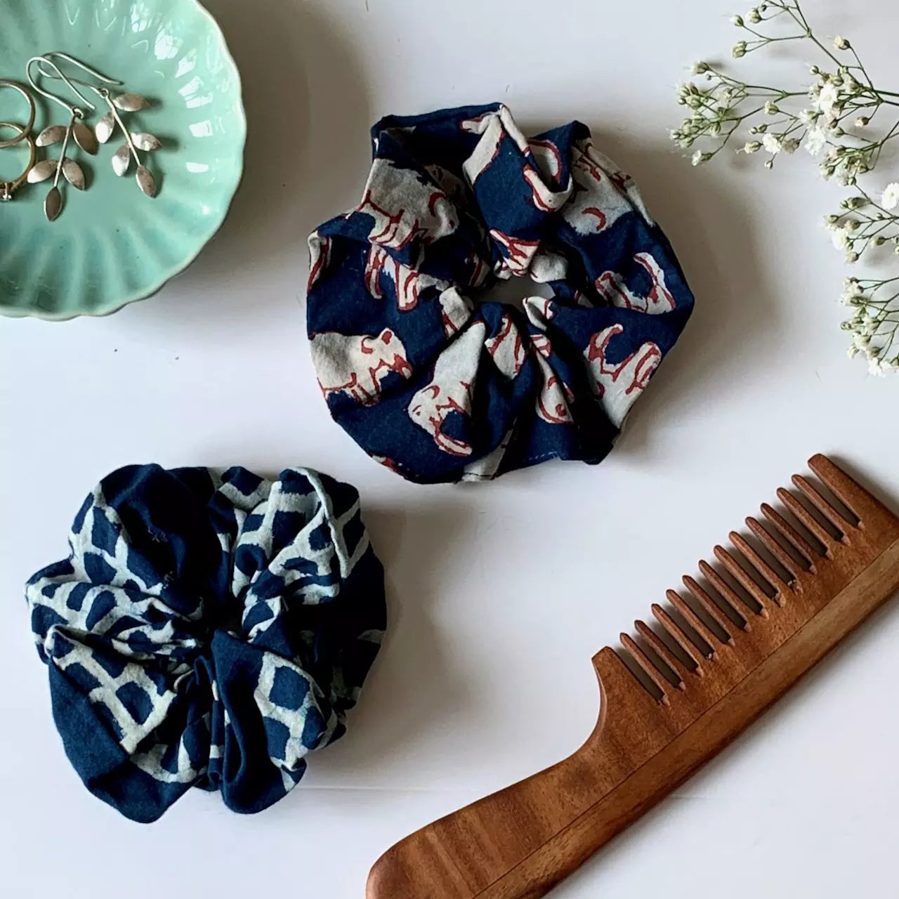 Set of 2 Hand block printed hair scrunchies in 100 % cotton