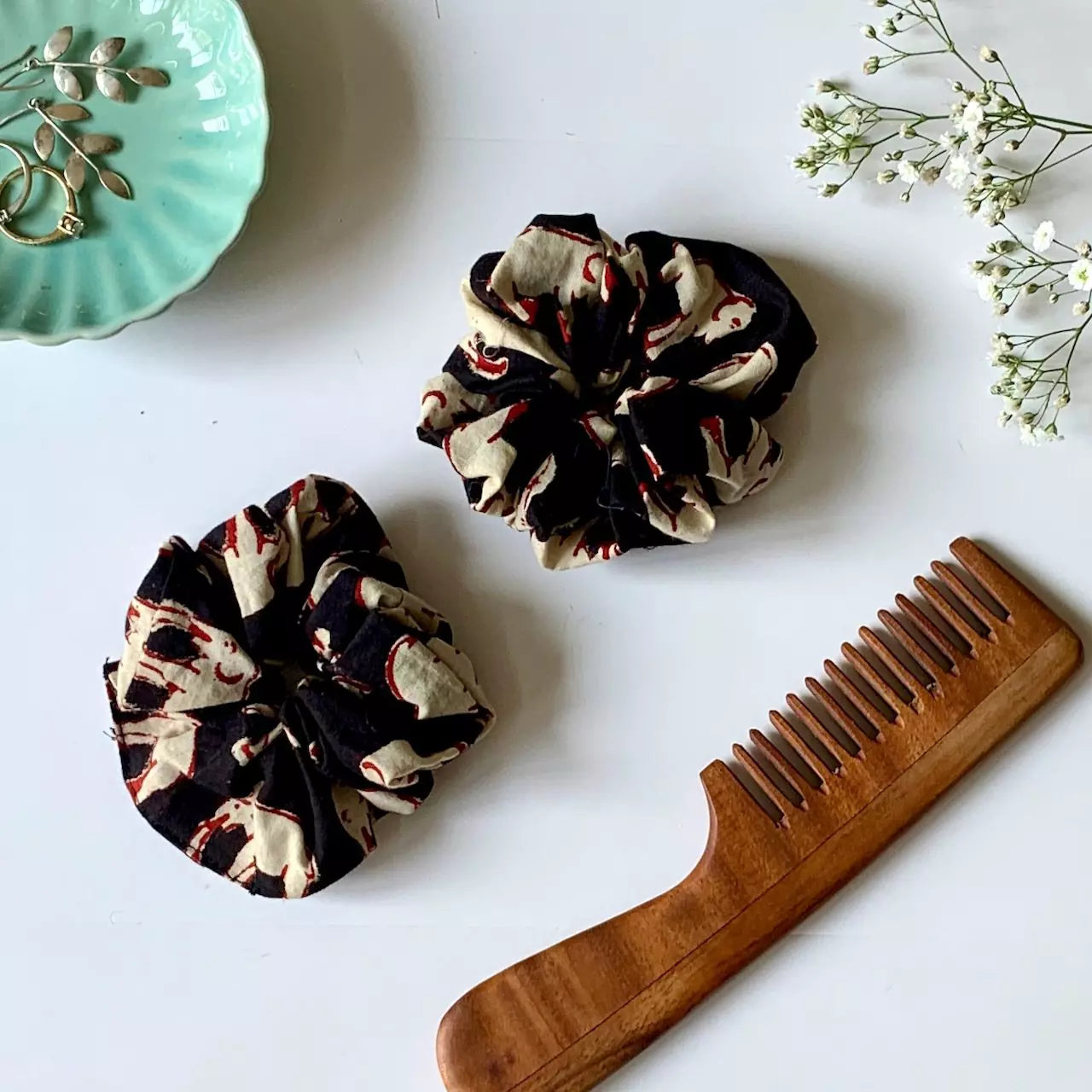 Set of 2 Hand block printed hair scrunchies in 100 % cotton