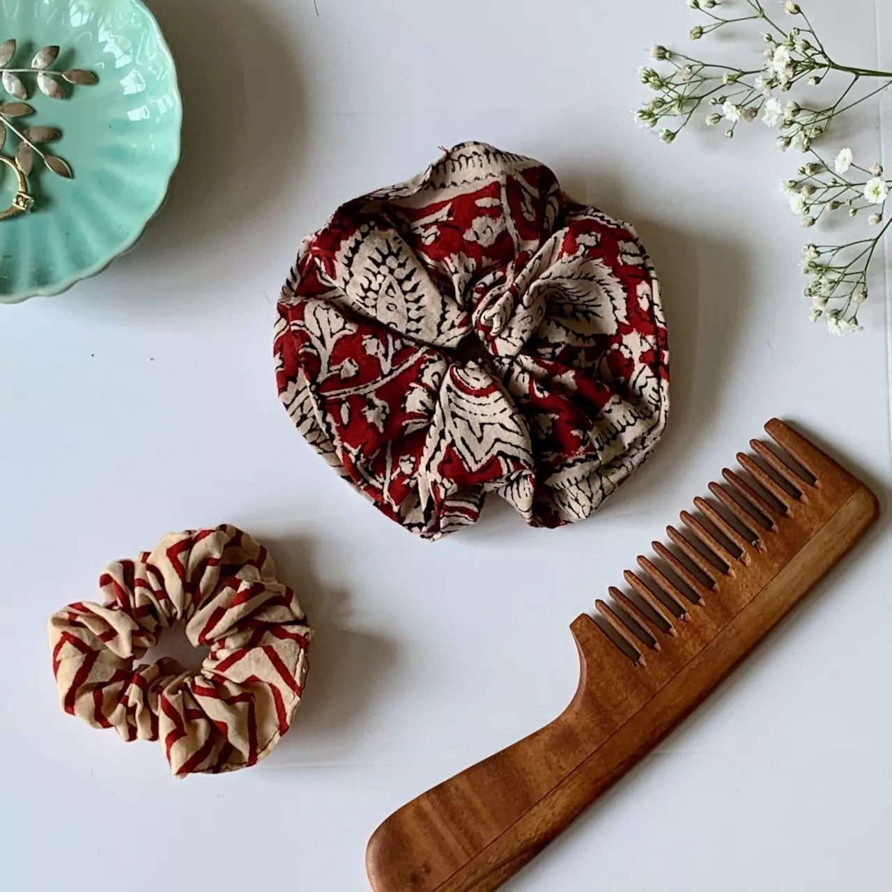 Set of 2 Hand block printed hair scrunchies in 100 % cotton