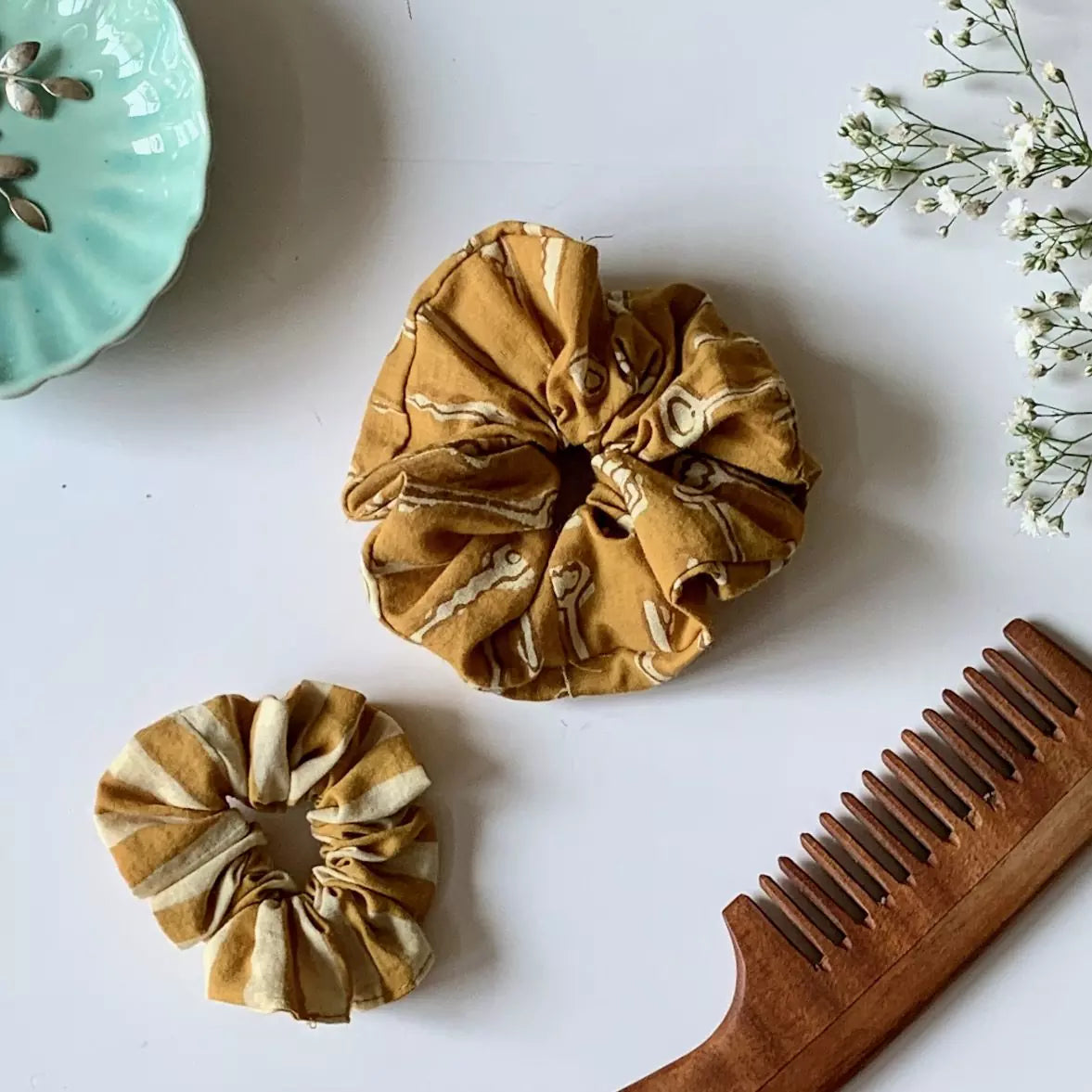 Set of 2 Hand block printed hair scrunchies in 100 % cotton