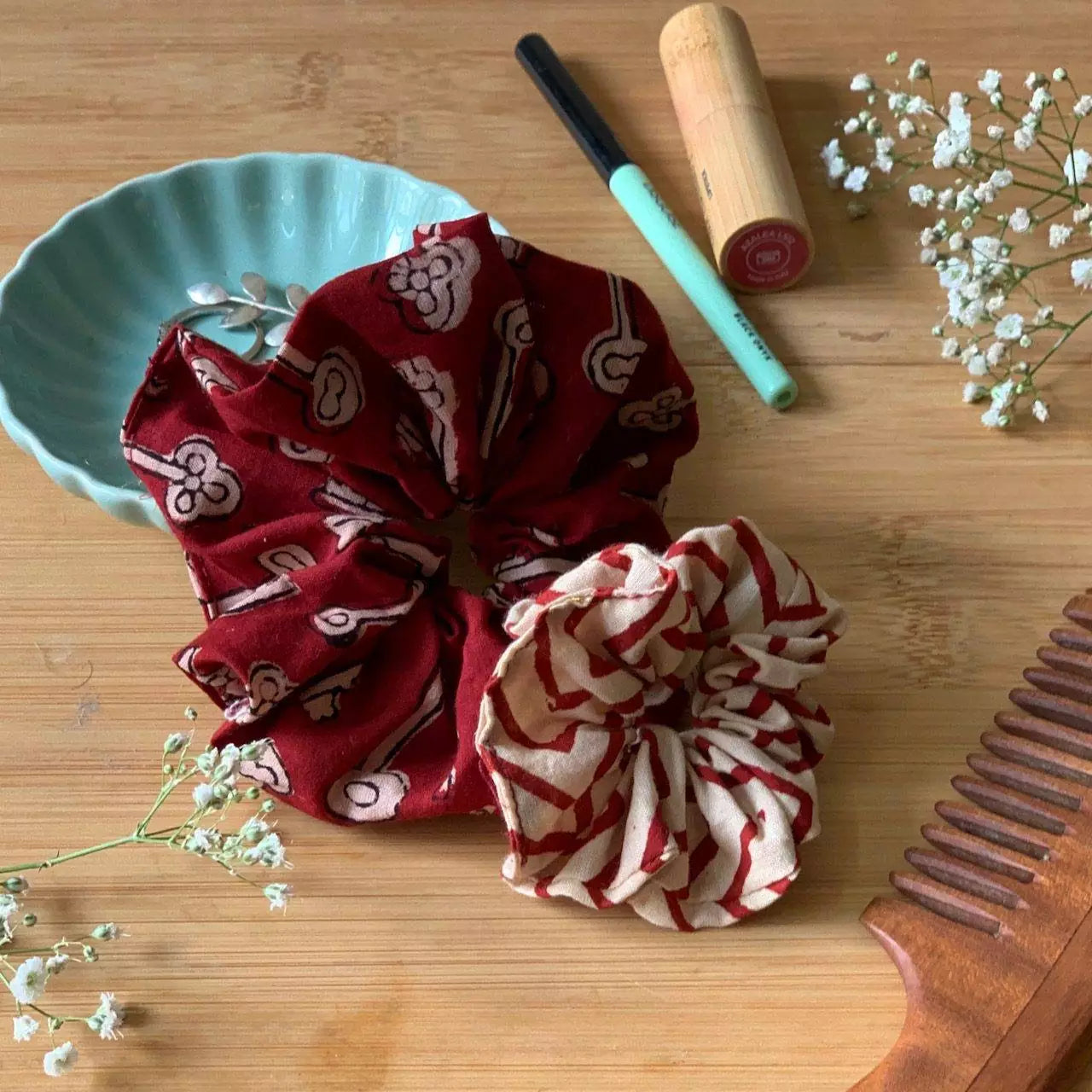 Set of 2 Hand block printed hair scrunchies in 100 % cotton