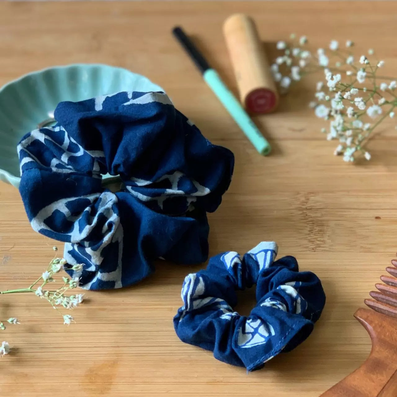 Set of 2 Hand block printed hair scrunchies in 100 % cotton