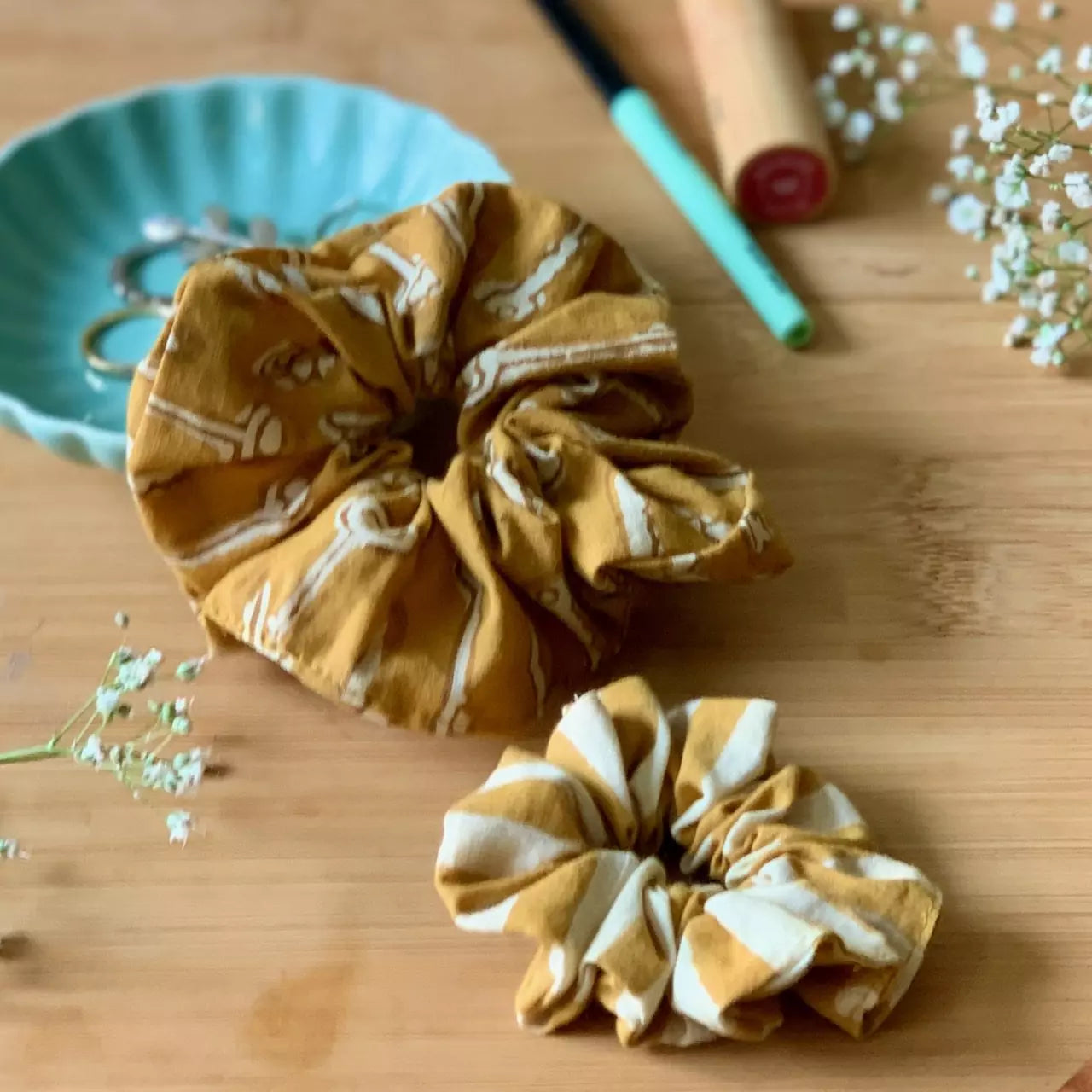 Set of 2 Hand block printed hair scrunchies in 100 % cotton