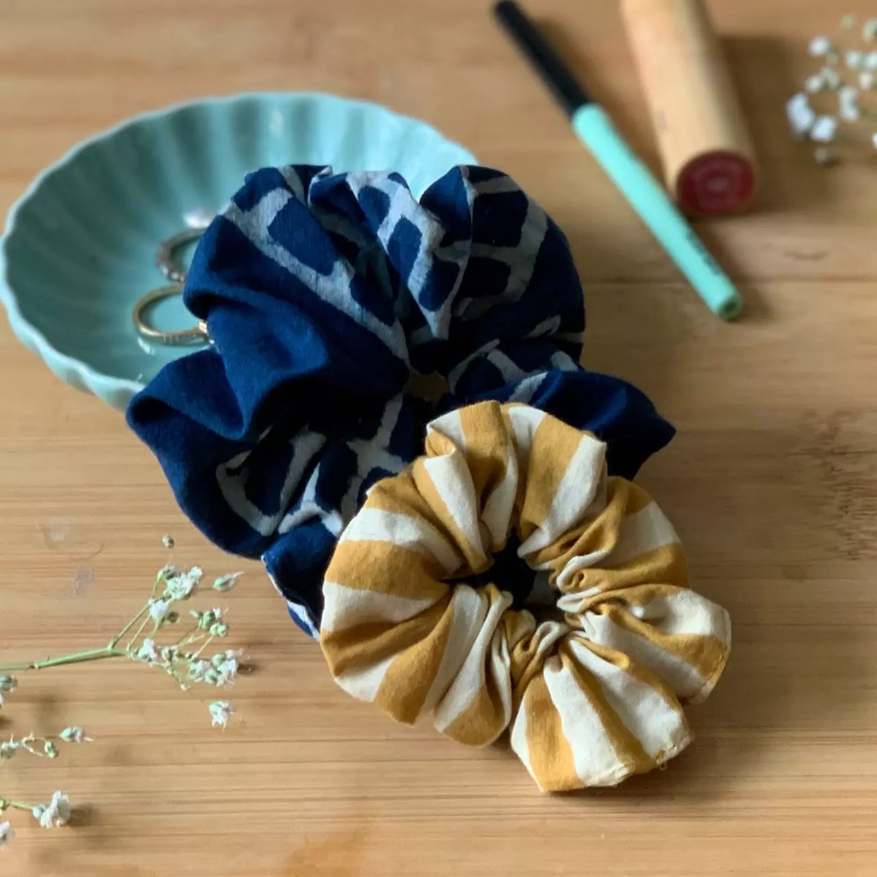 Set of 2 Hand block printed hair scrunchies in 100 % cotton