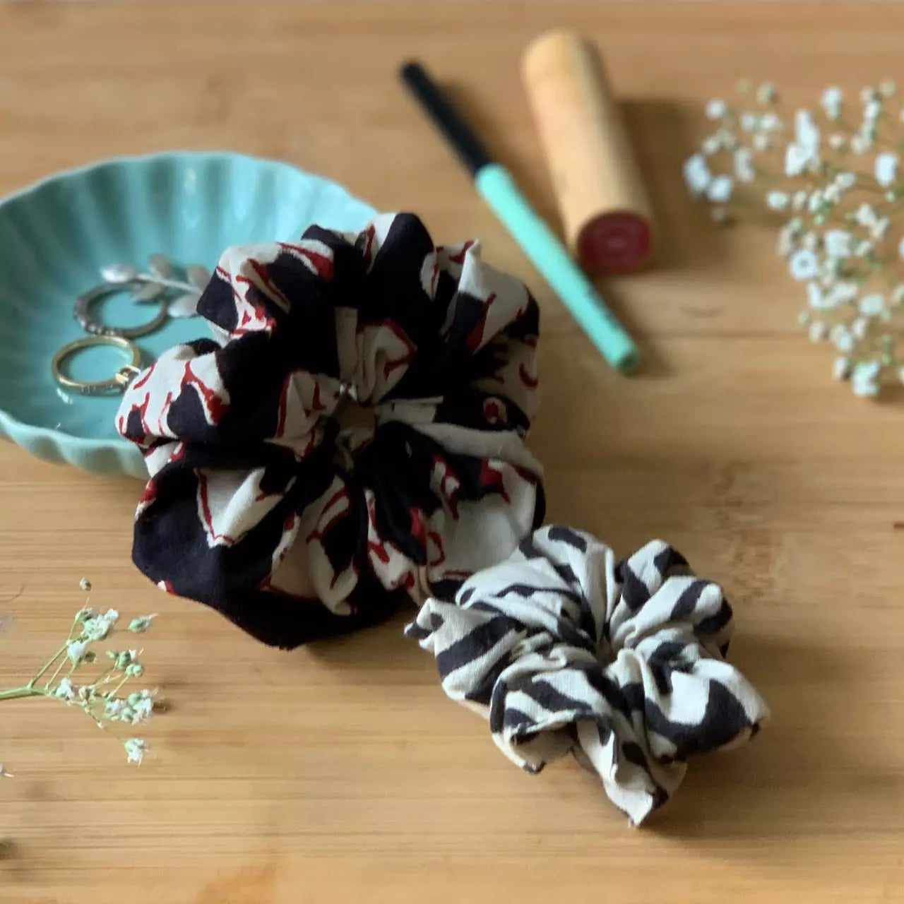 Set of 2 Hand block printed hair scrunchies in 100 % cotton