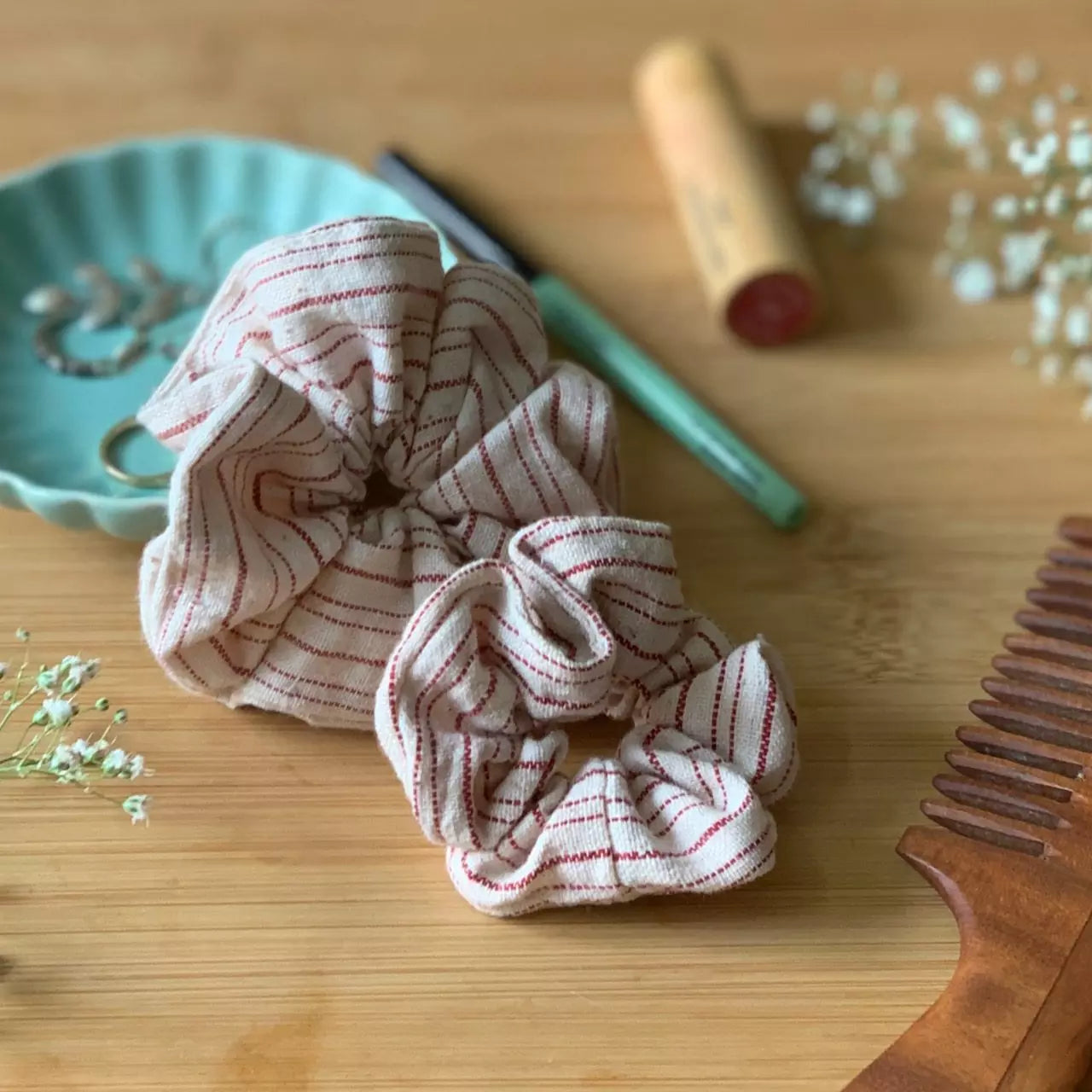 Set of 2 Stripe pattern organic kala cotton hair scrunchies