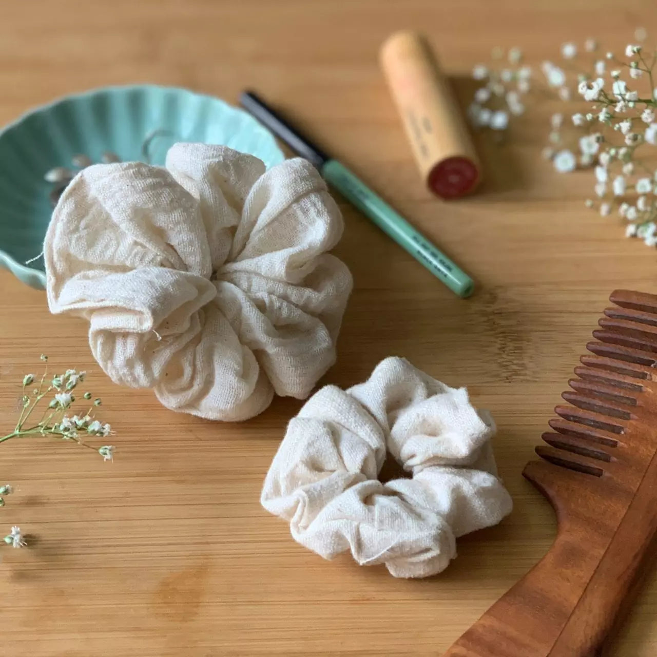 Set of 2 Natural off white organic kala cotton hair scrunchies