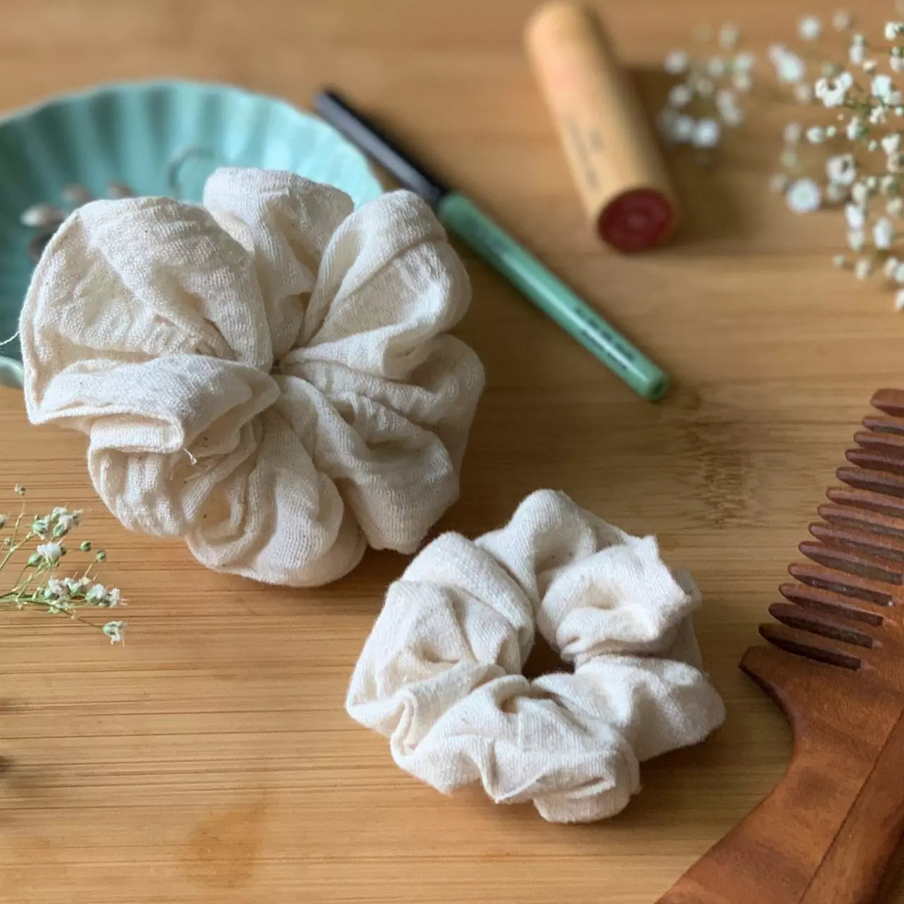 Set of 2 Natural off white organic kala cotton hair scrunchies