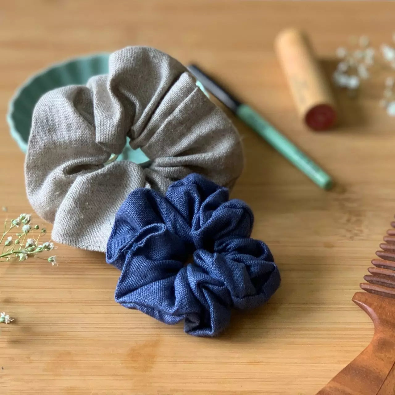 Hemp fabric hair scrunchies in solid colours