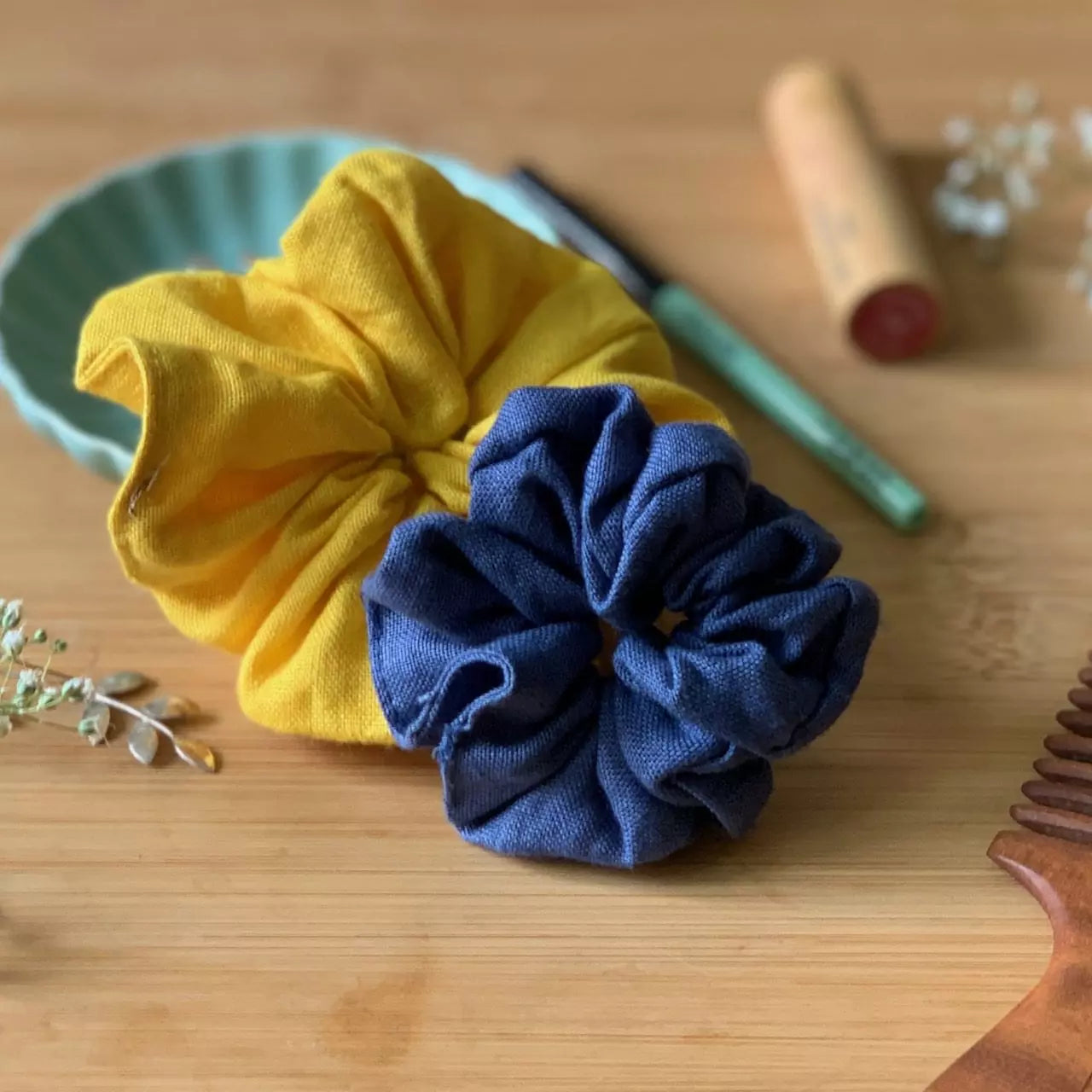 Hemp fabric hair scrunchies in solid colours