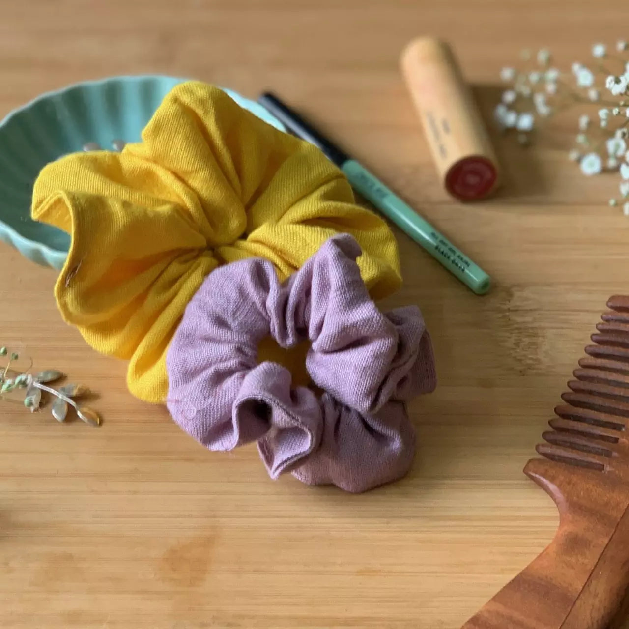 Hemp fabric hair scrunchies in solid colours