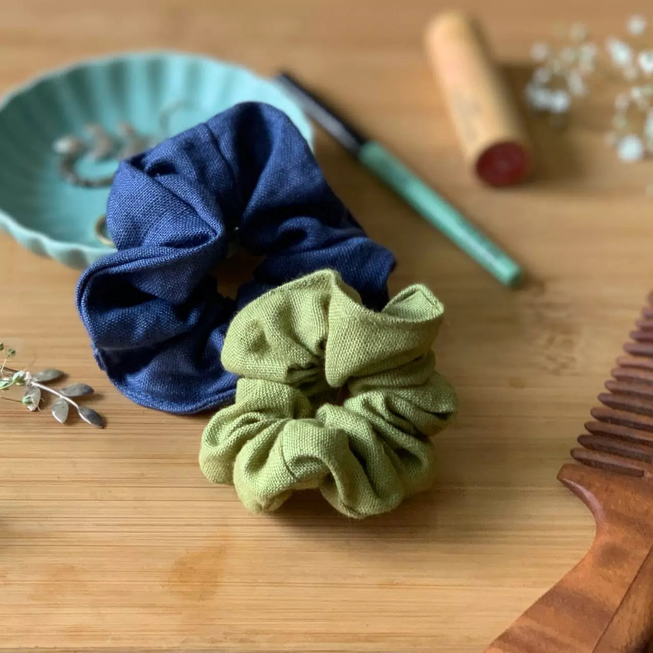 Hemp fabric hair scrunchies in solid colours
