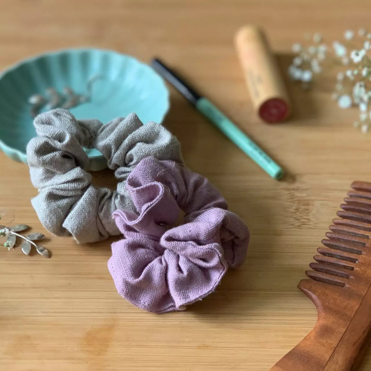 Hemp fabric hair scrunchies in solid colours