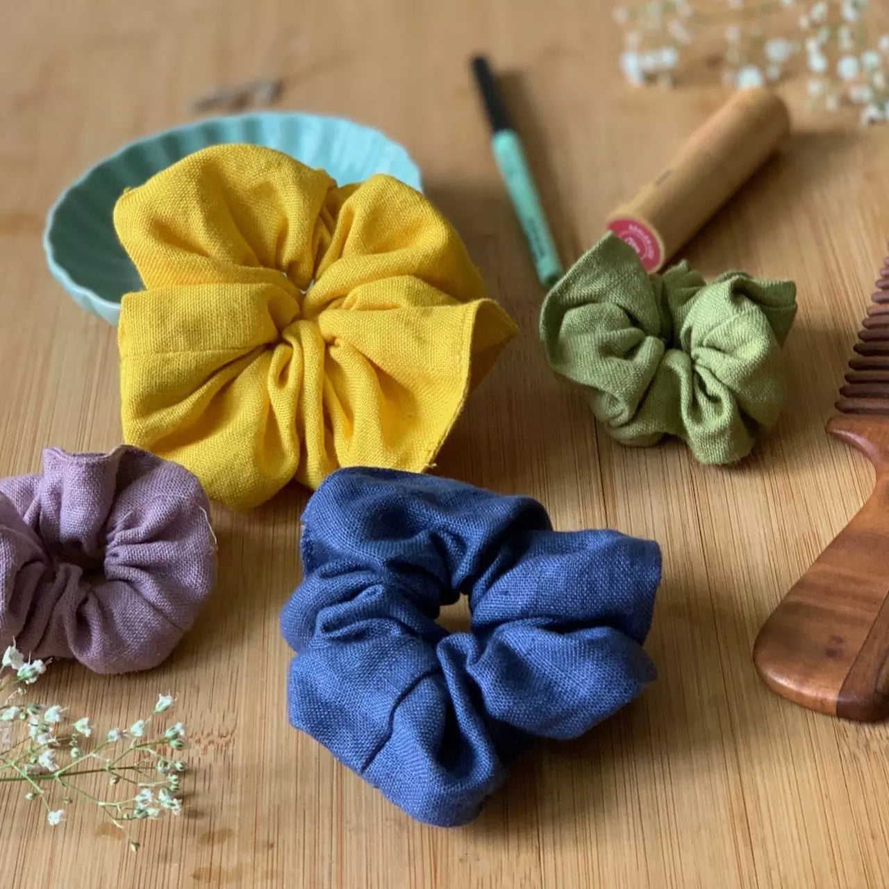 Hemp fabric hair scrunchies in solid colours