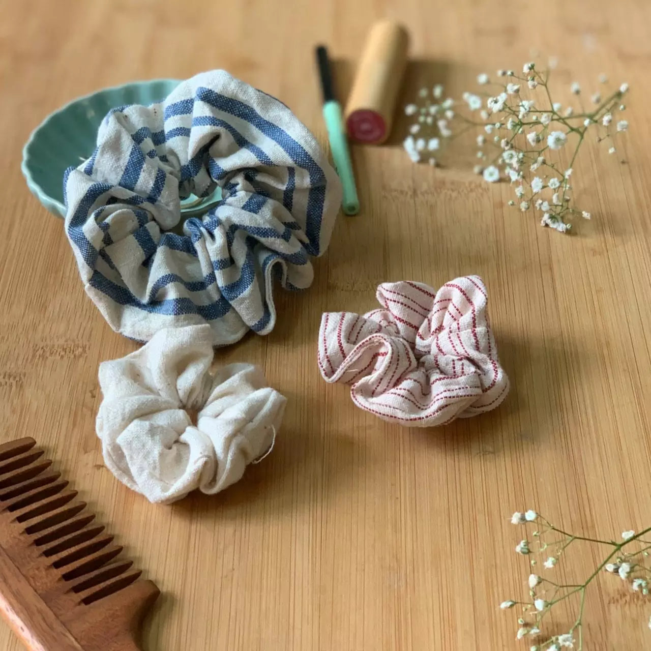 Set of 2 Stripe pattern organic kala cotton hair scrunchies