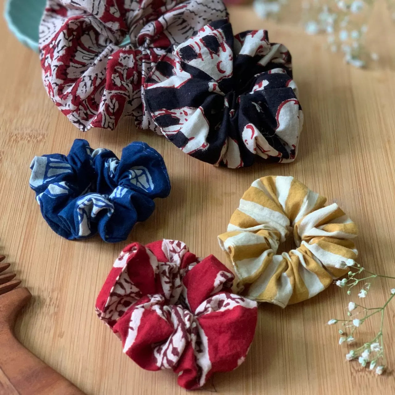 Set of 2 Hand block printed hair scrunchies in 100 % cotton