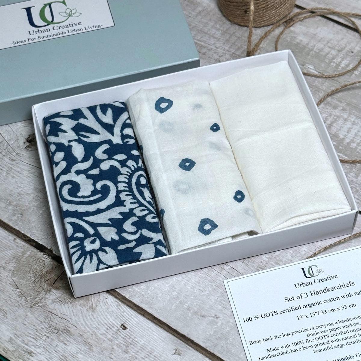 Set of 3 Indigo and White Print Organic Cotton Handkerchiefs
