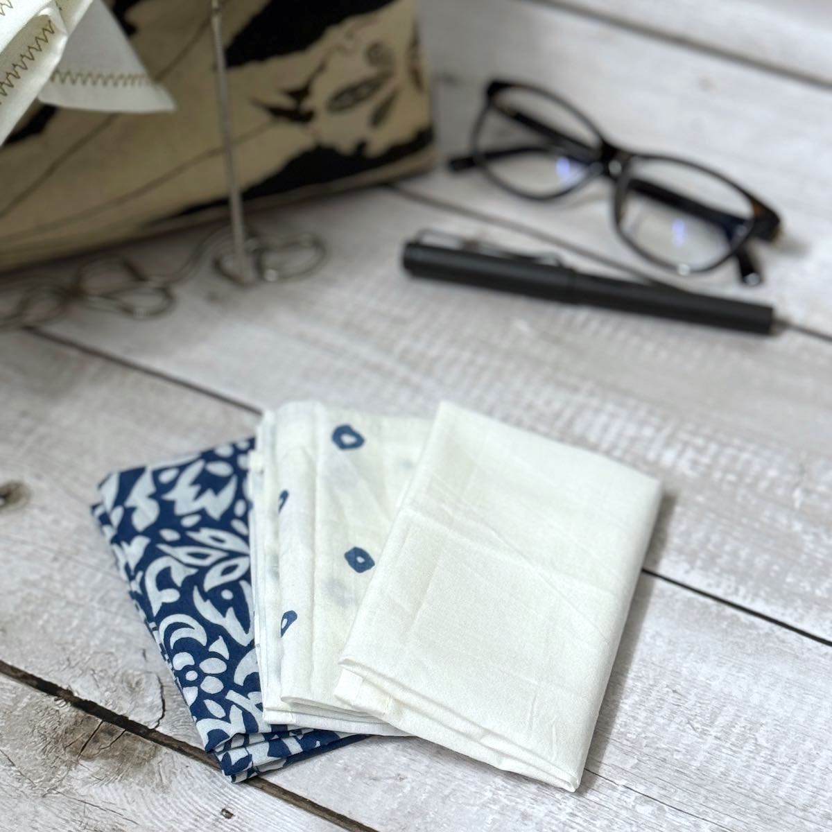 Set of 3 Indigo and White Print Organic Cotton Handkerchiefs