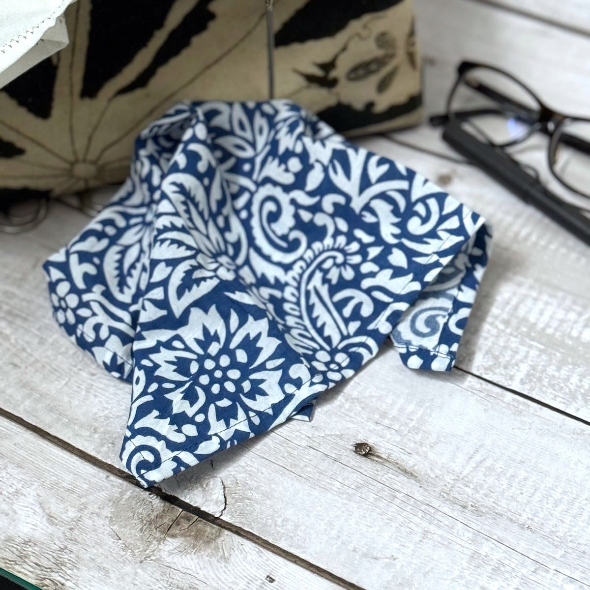 Set of 3 Indigo and White Print Organic Cotton Handkerchiefs