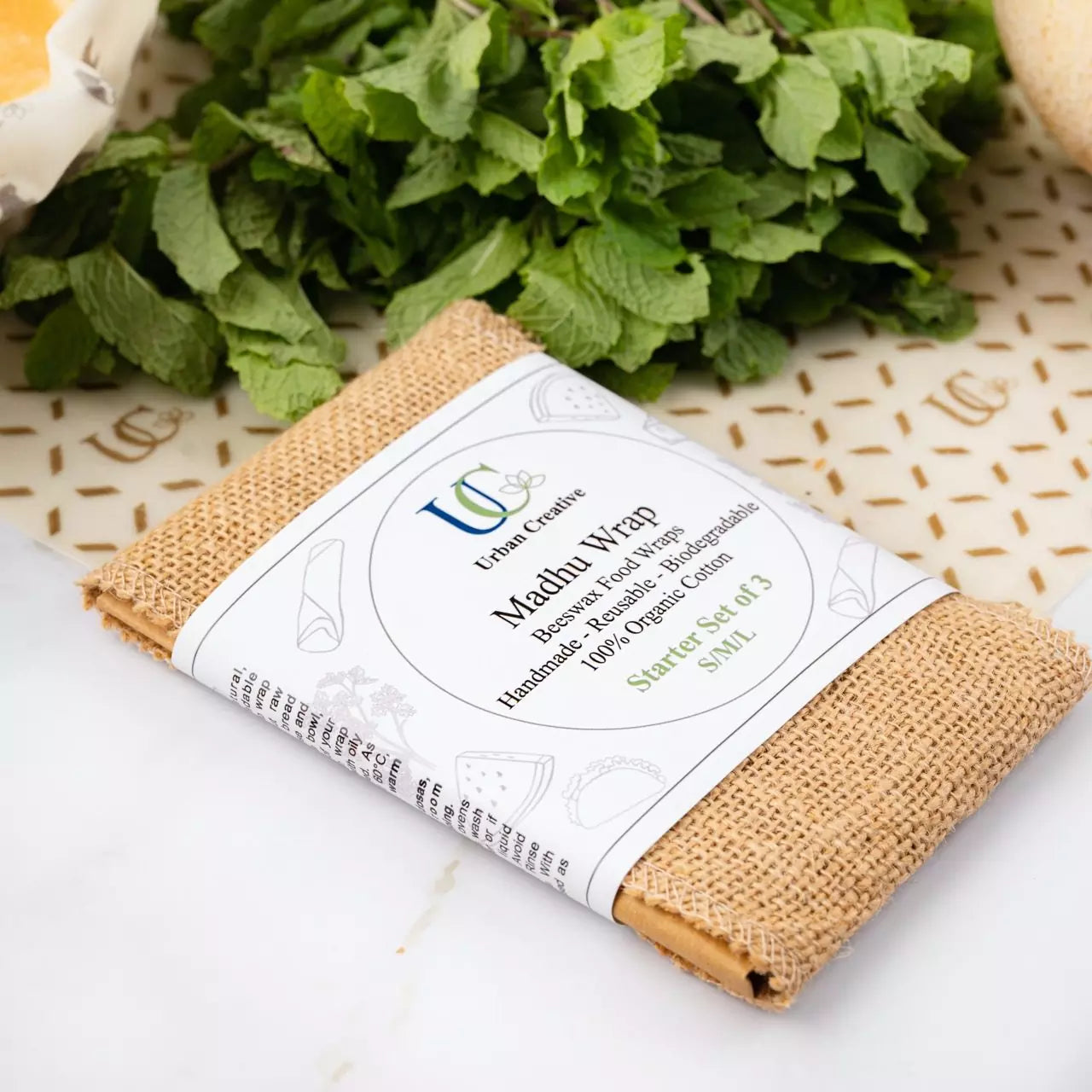 Starter Set of 3 Assorted Madhu Wrap Reusable Beeswax Food Wraps ( S,M & L)