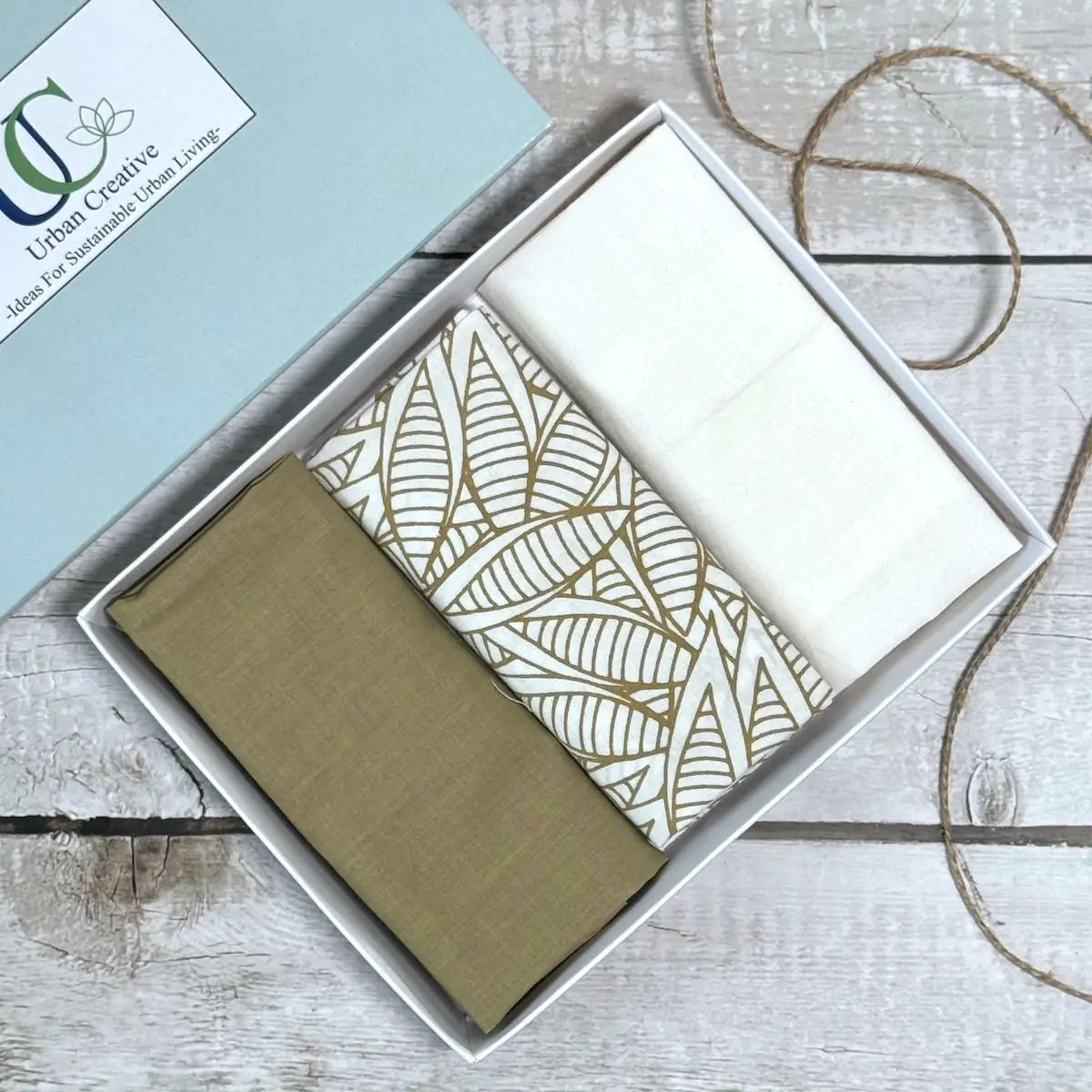Set of 3 olive green and white print organic cotton handkerchiefs