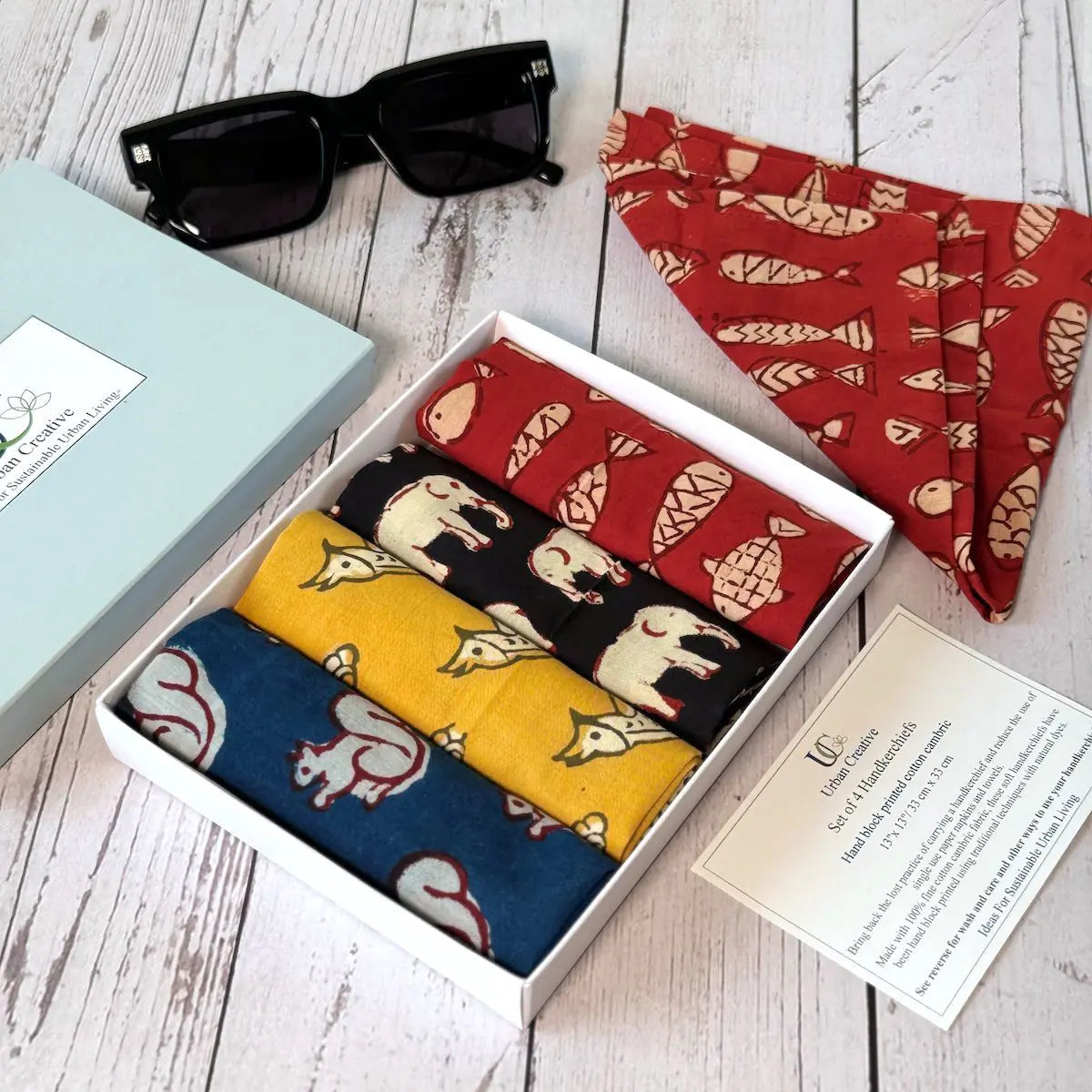 Gift set of 4 animal hand block print handkerchiefs in assorted colours
