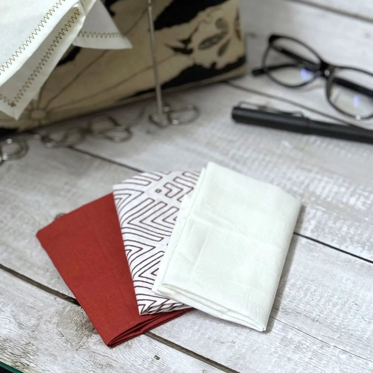 Set of 3 madder red and white print organic cotton handkerchiefs