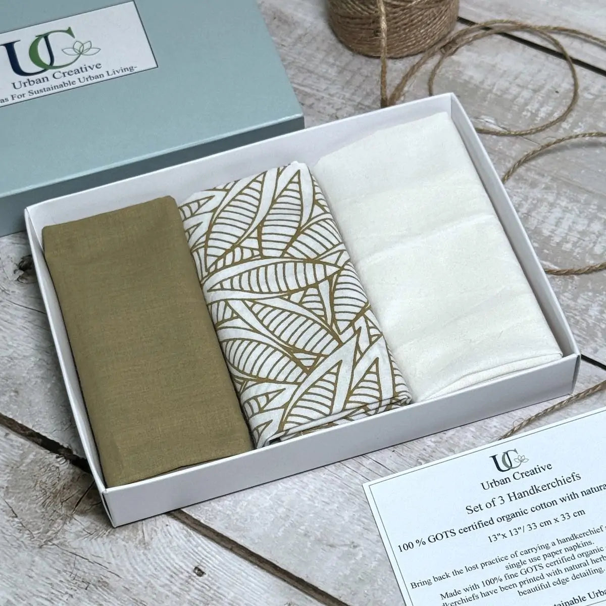 Set of 3 olive green and white print organic cotton handkerchiefs
