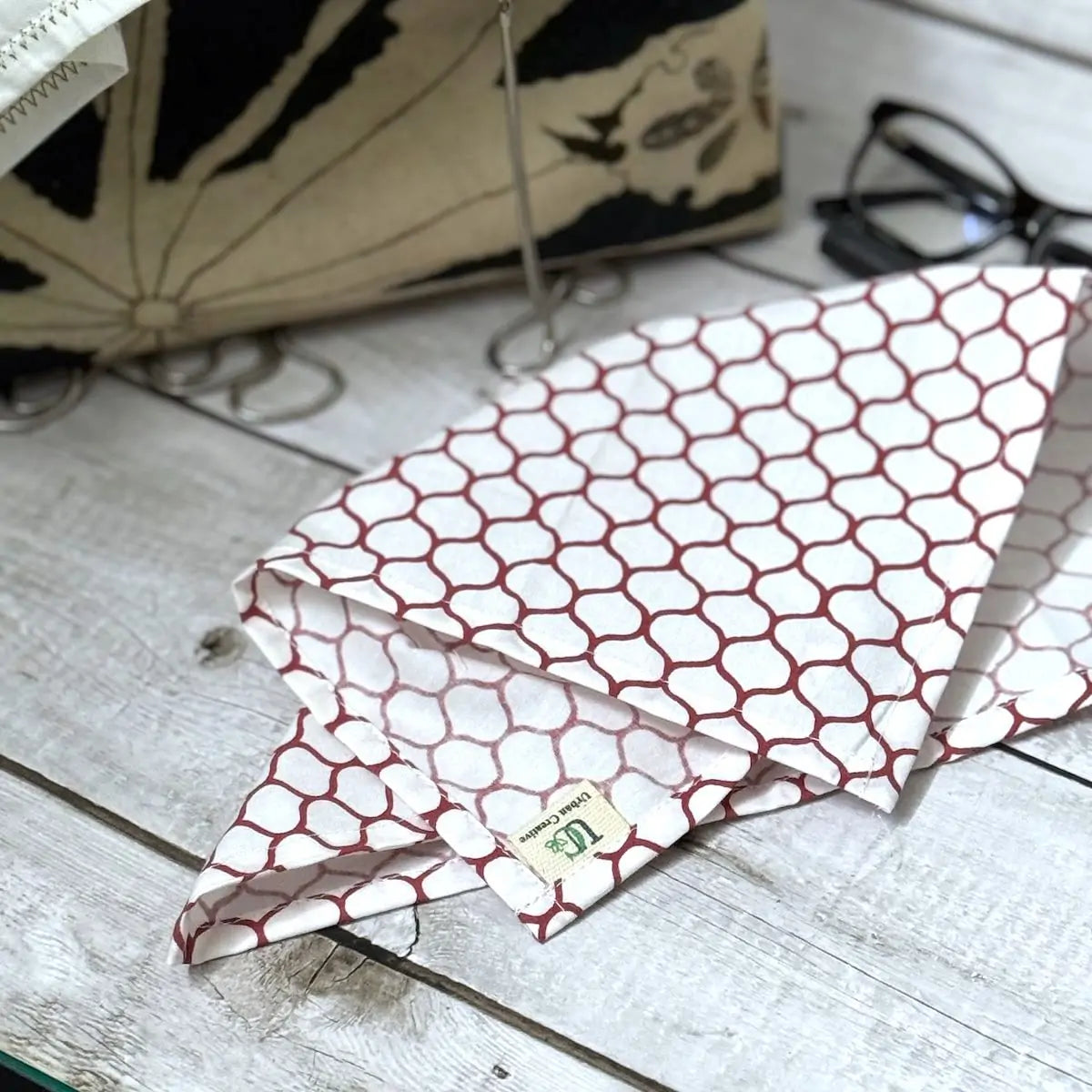 Set of 3 madder red and white print organic cotton handkerchiefs