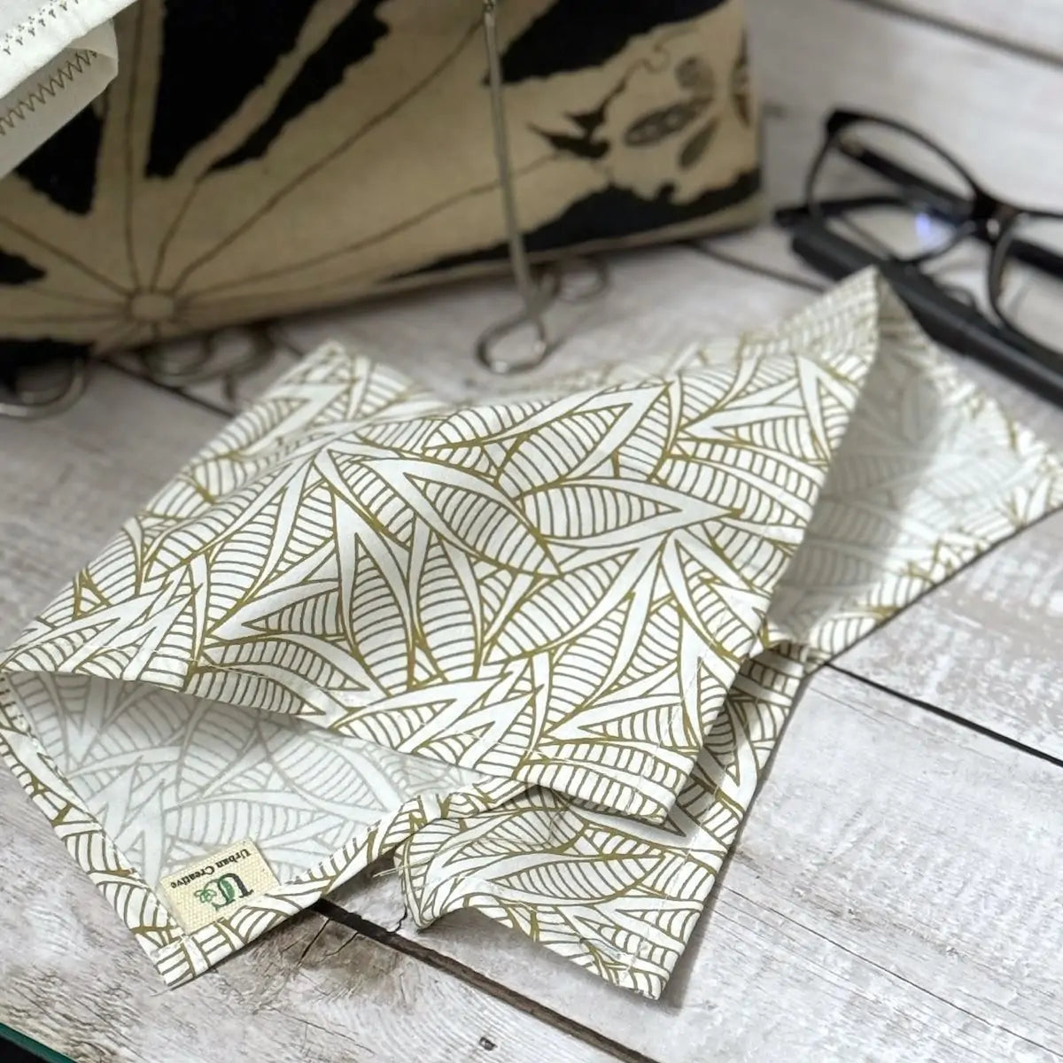 Set of 3 olive green and white print organic cotton handkerchiefs