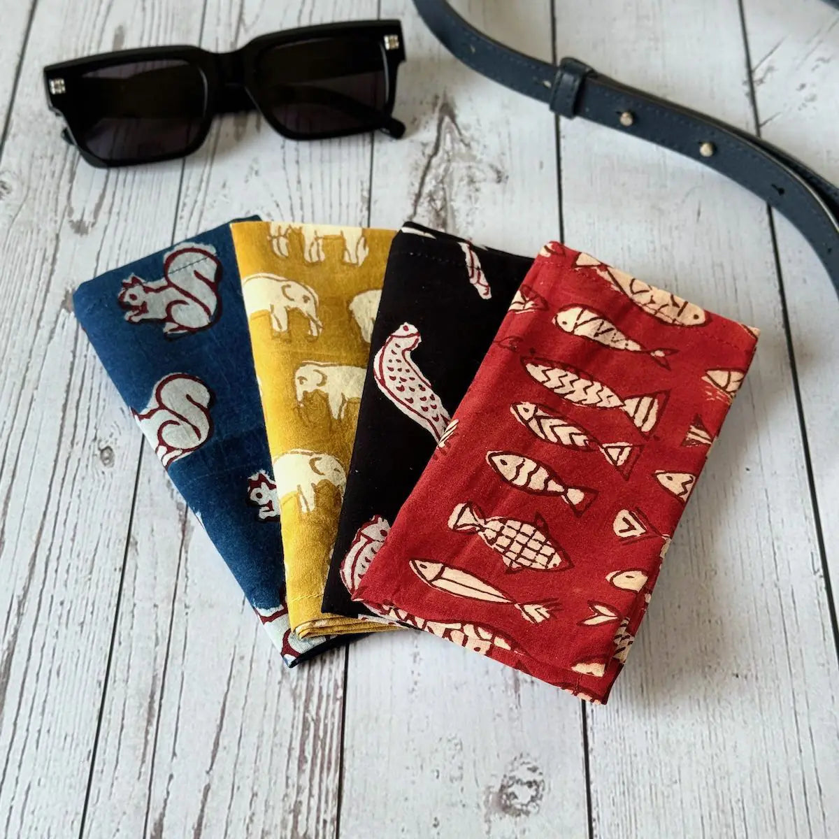 Gift set of 4 animal hand block print handkerchiefs in assorted colours