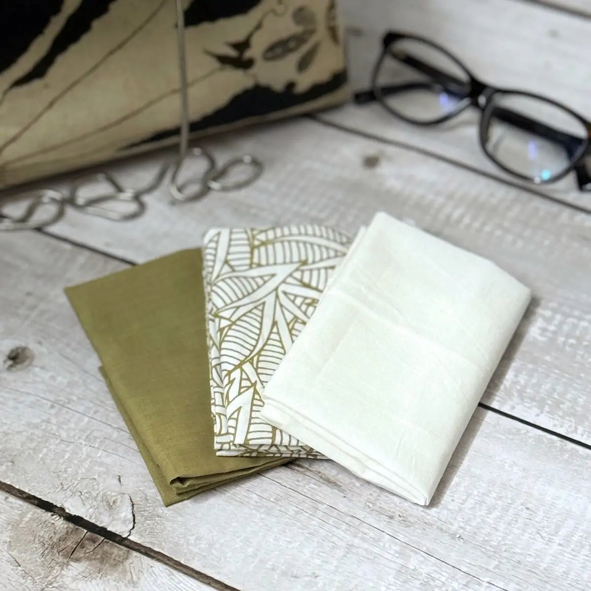 Set of 3 olive green and white print organic cotton handkerchiefs
