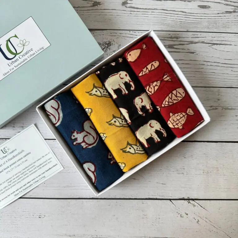 Gift set of 4 animal hand block print handkerchiefs in assorted colours