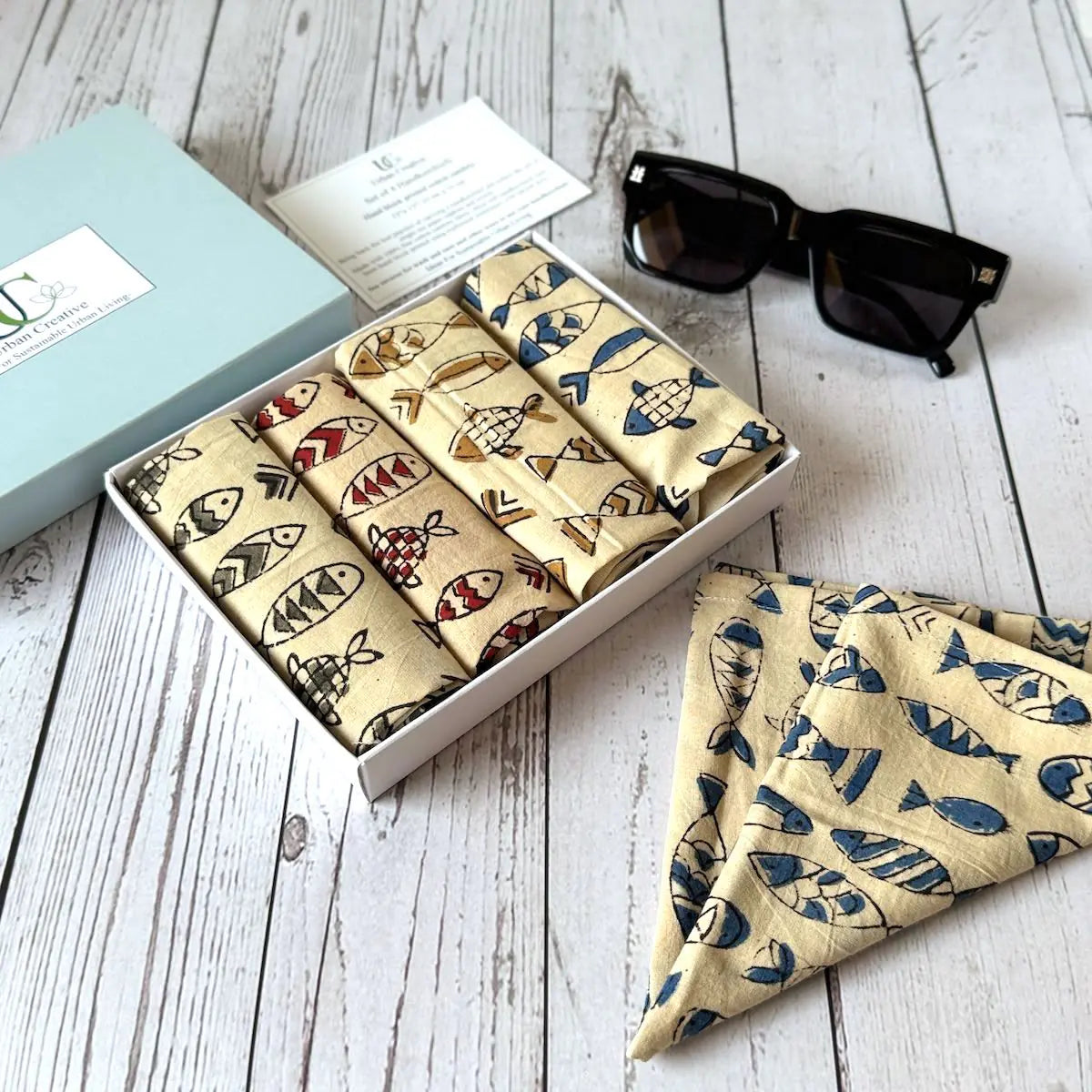 Gift set of 4 fish hand block printed handkerchiefs