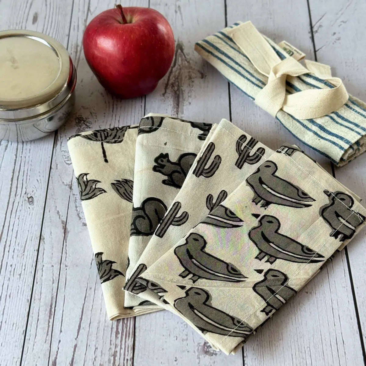 Gift set of 4 monochrome hand block printed handkerchiefs