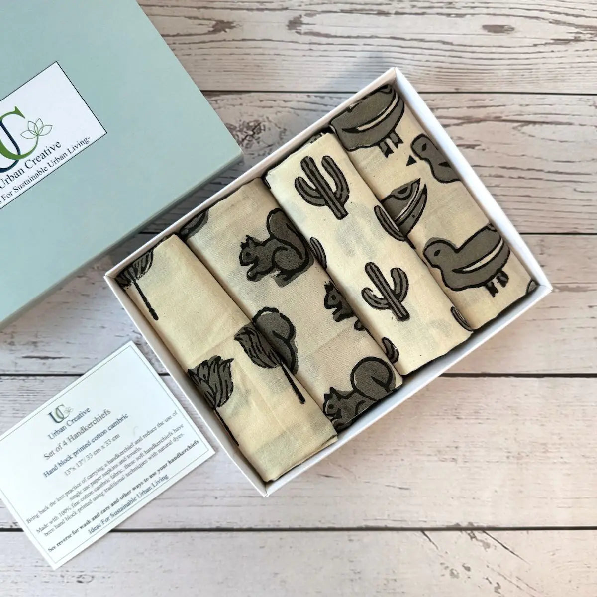 Gift set of 4 monochrome hand block printed handkerchiefs
