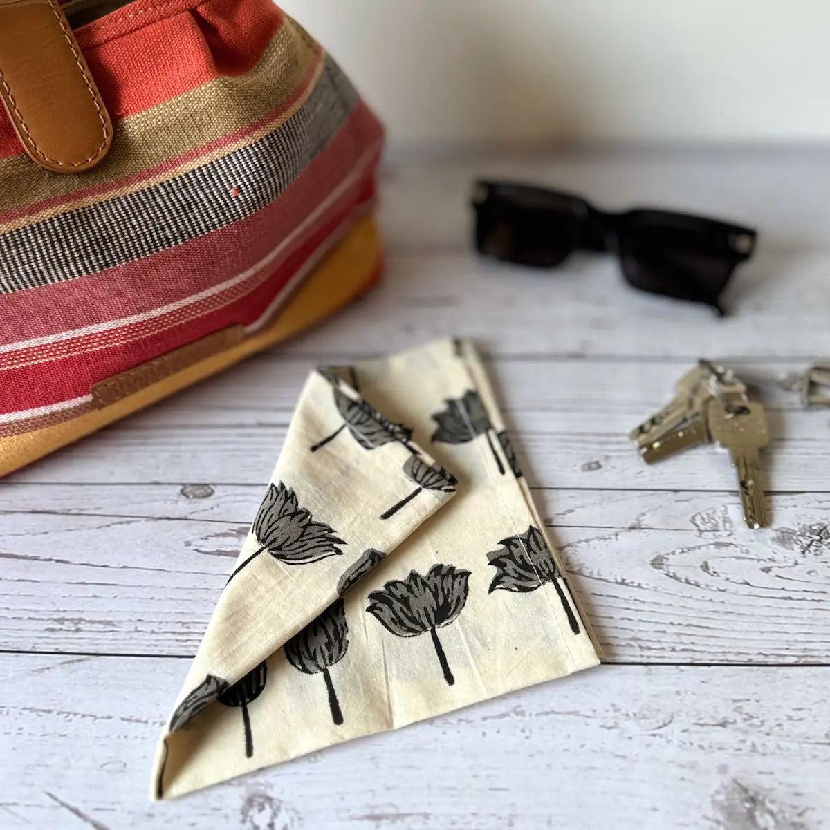 Gift set of 4 monochrome hand block printed handkerchiefs