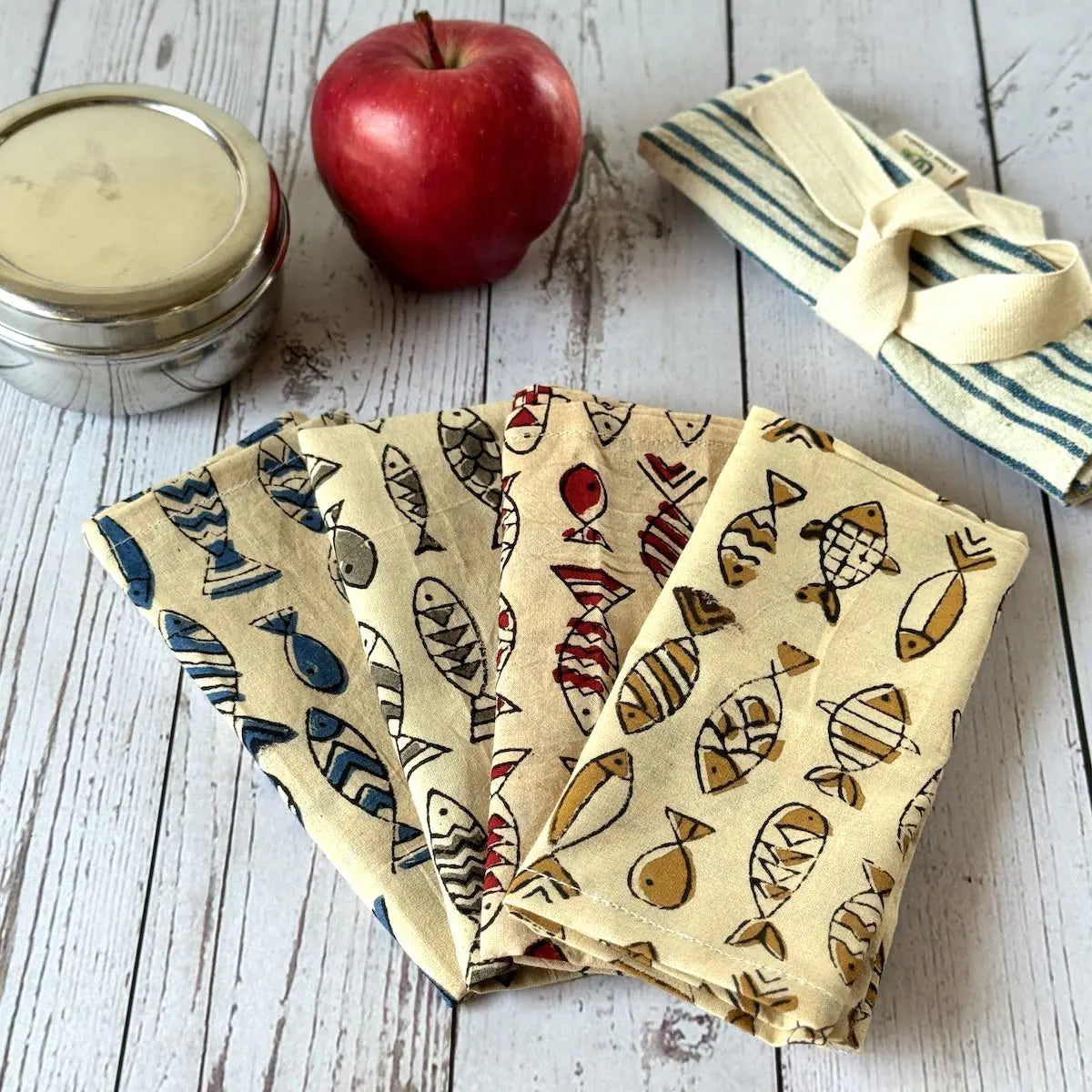 Gift set of 4 fish hand block printed handkerchiefs
