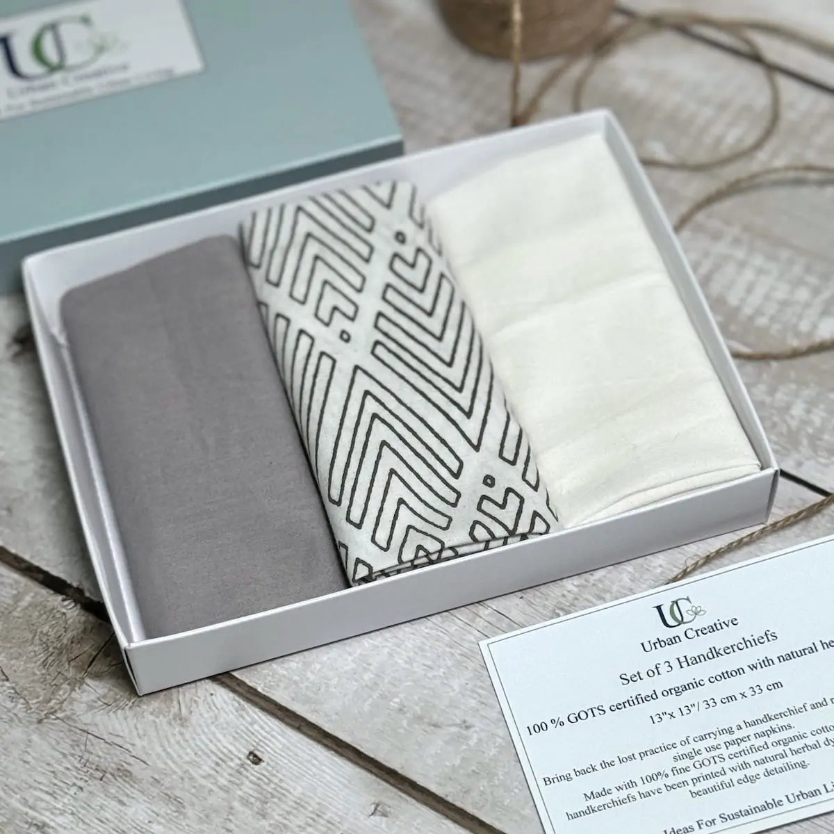 Set of 3 grey and white print organic cotton handkerchiefs