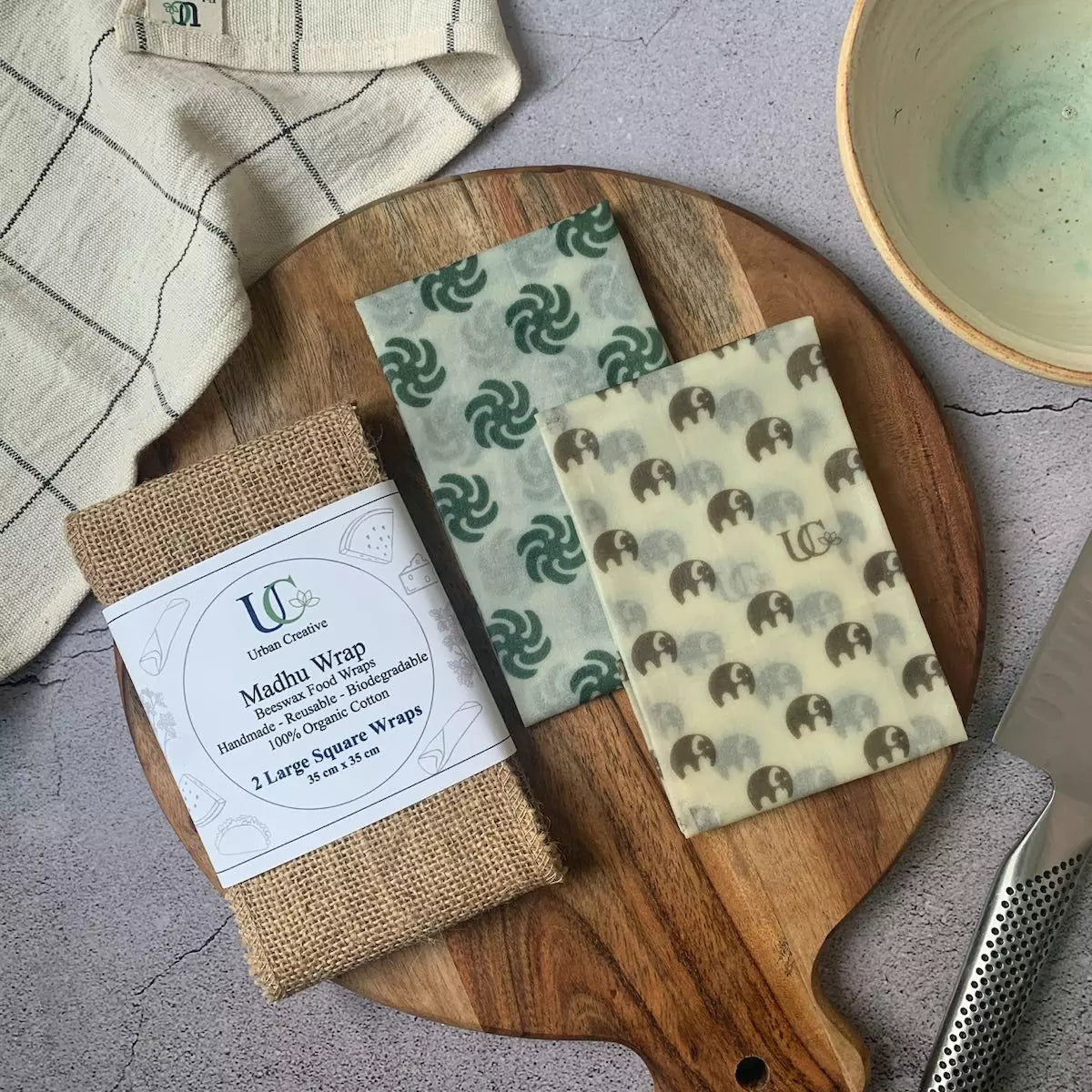 2 Large Square Madhu Wrap Beeswax Food Wraps -14″ x 14″ ( 35 cm x 35 cm )