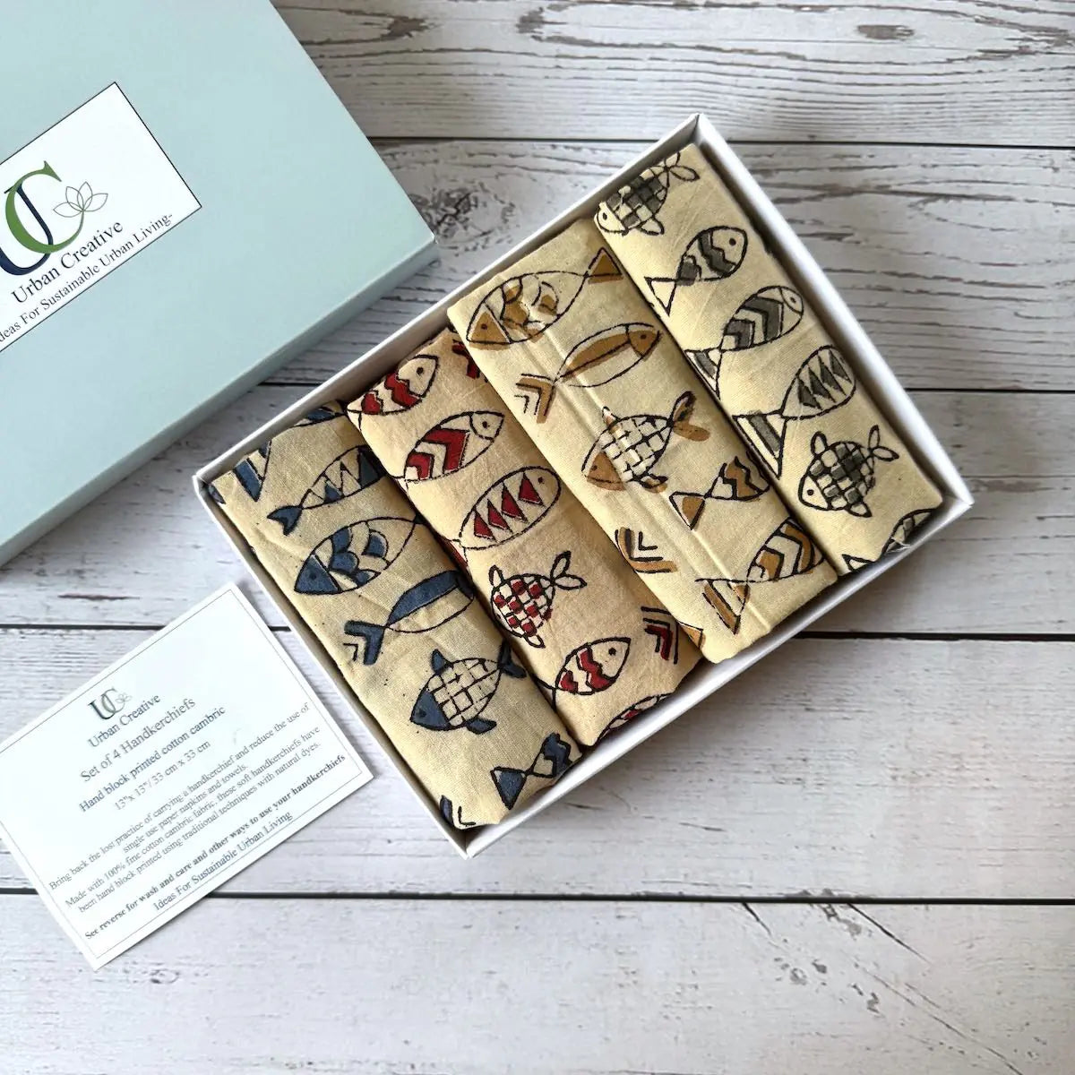 Gift set of 4 fish hand block printed handkerchiefs