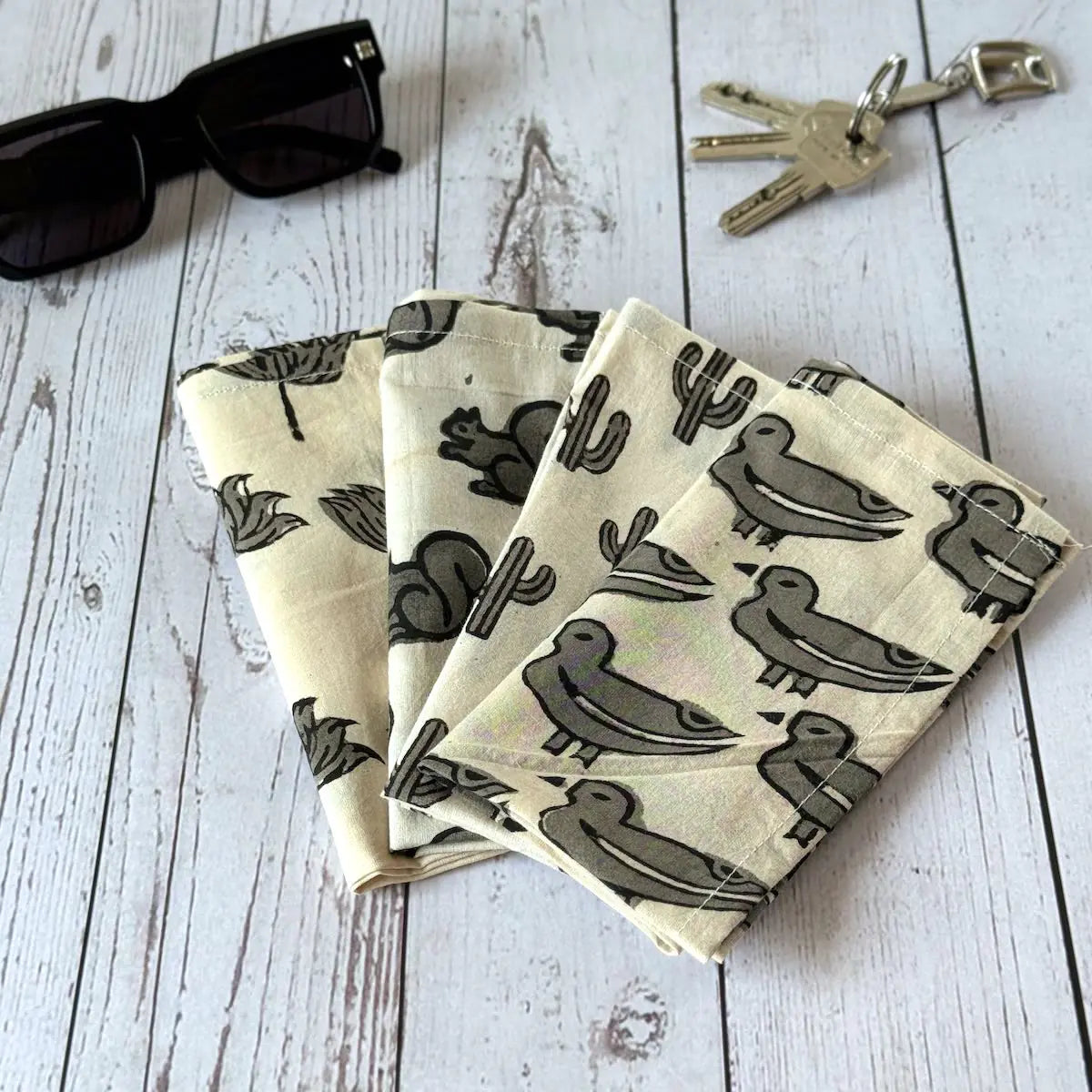Gift set of 4 monochrome hand block printed handkerchiefs