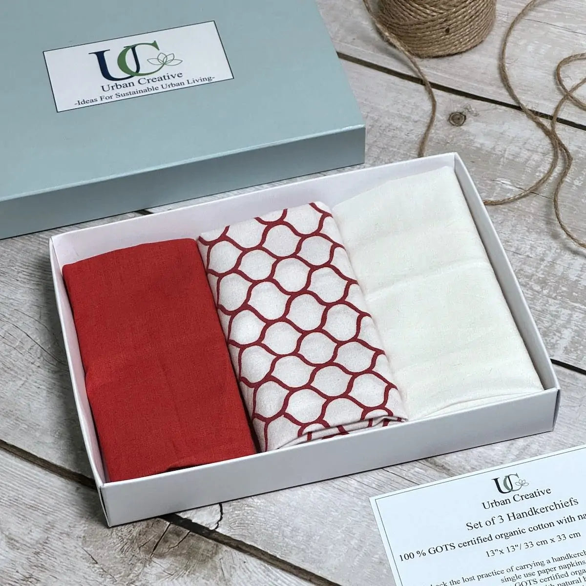 Set of 3 madder red and white print organic cotton handkerchiefs