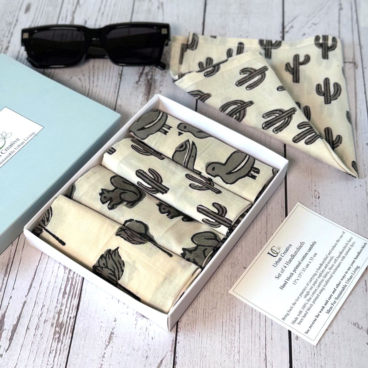 Gift set of 4 monochrome hand block printed handkerchiefs